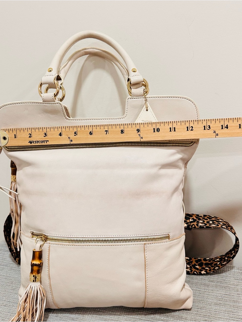 Sorial New York Leather Convertible Backpack Tote Bag Ivory Bamboo Leopard Cream - Picture 4 of 15
